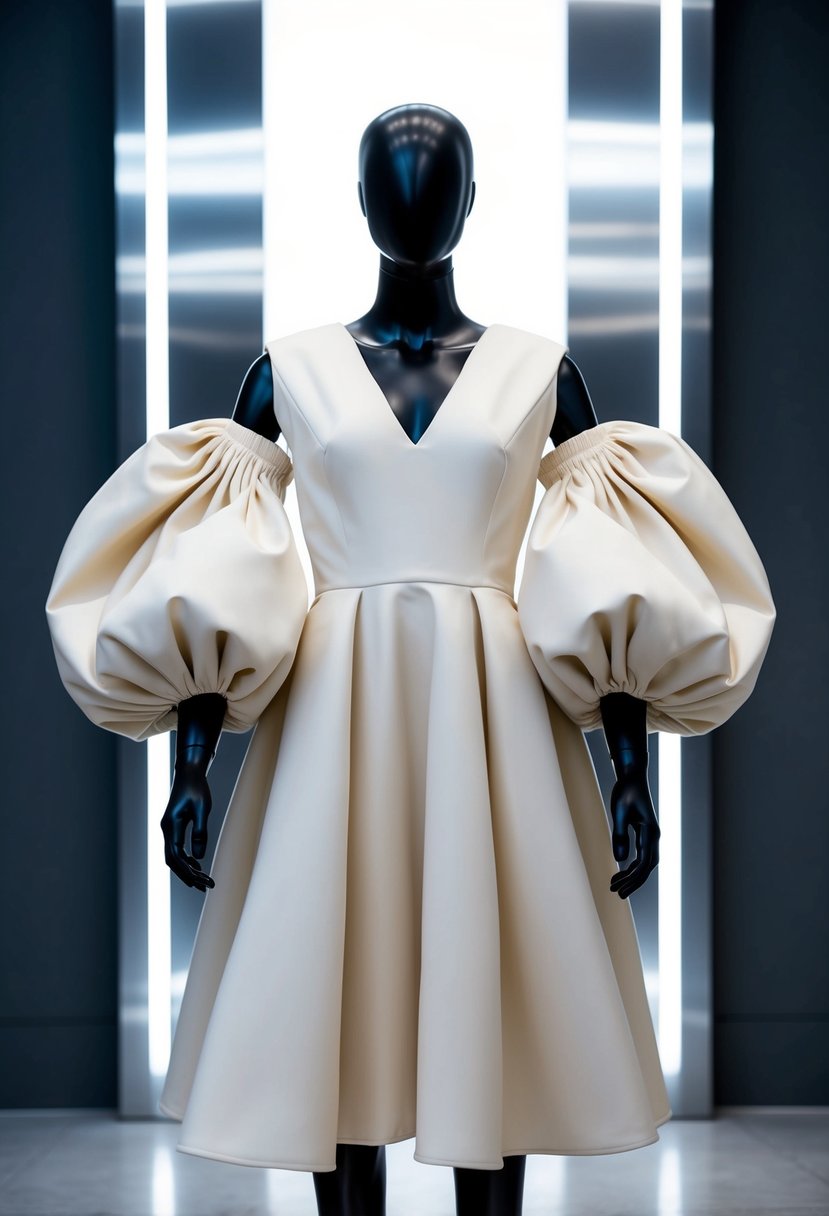 A mannequin wearing a voluminous midi dress with exaggerated puff sleeves, standing in front of a sleek, modern backdrop