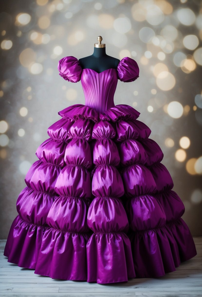 A voluminous gown with multiple crinoline layers, creating a puffy silhouette