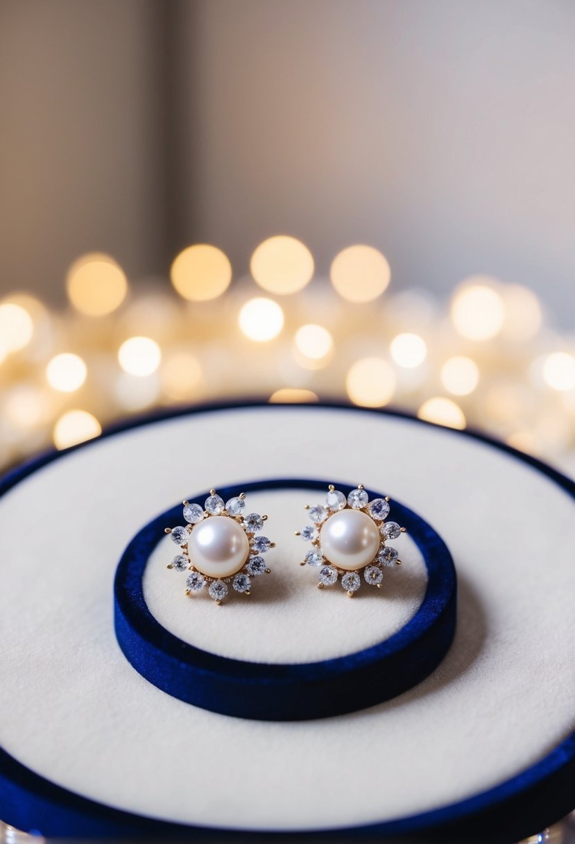 A close-up of elegant pearl and crystal studs on a velvet display, surrounded by soft lighting