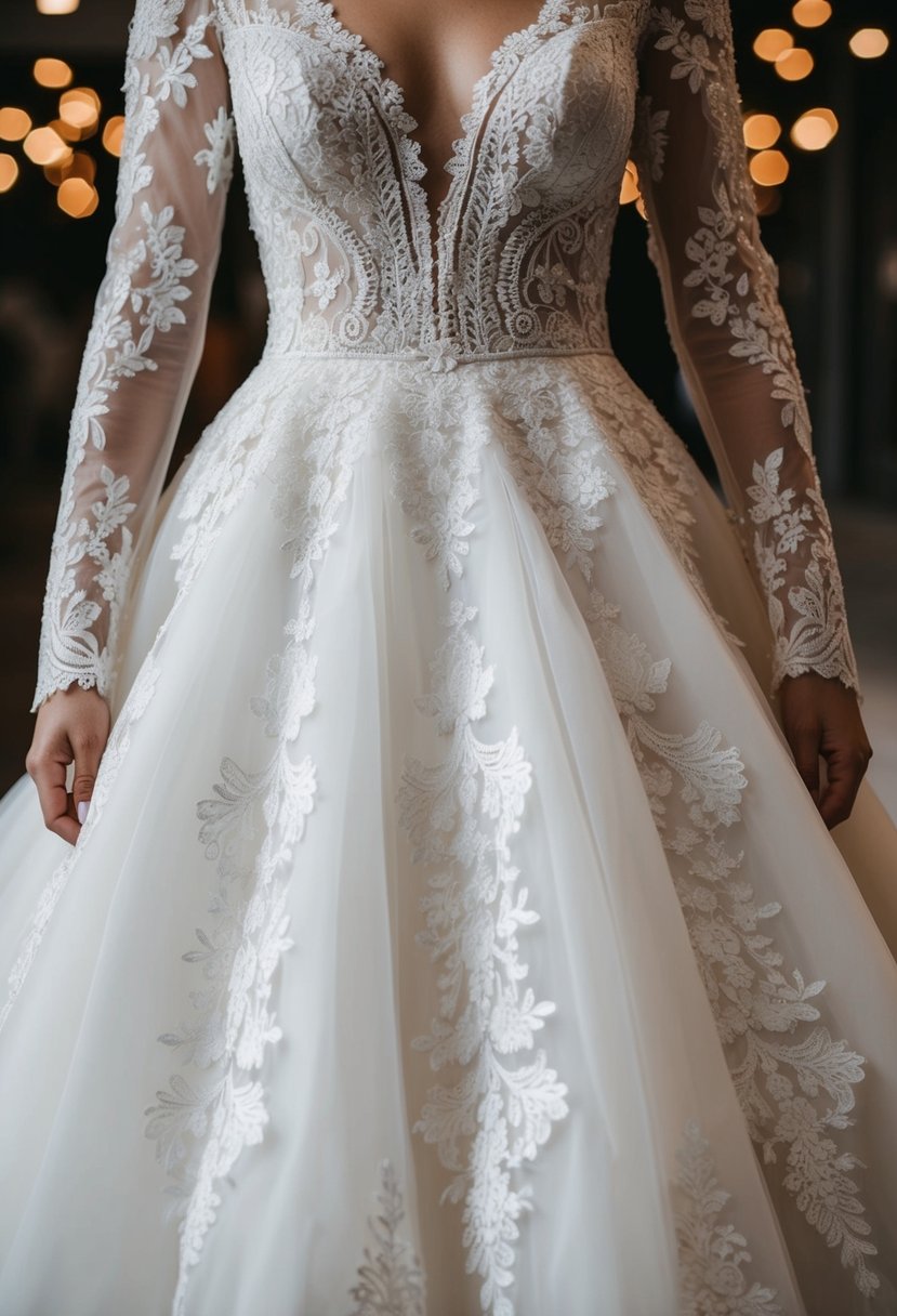 A puffy wedding dress with intricate lace detailing cascading down the skirt