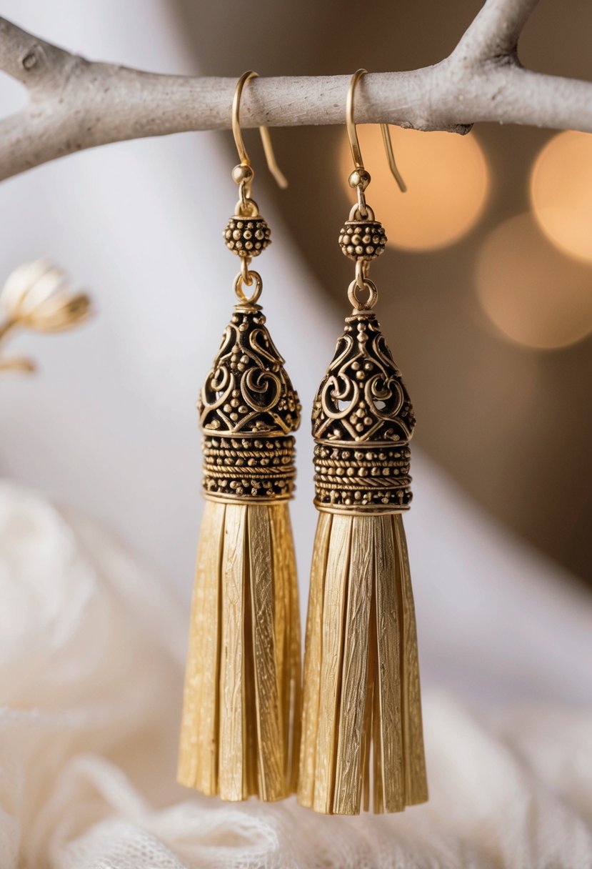 A close-up of ornate gold tassel earrings with bohemian details and intricate designs, set against a soft, romantic background