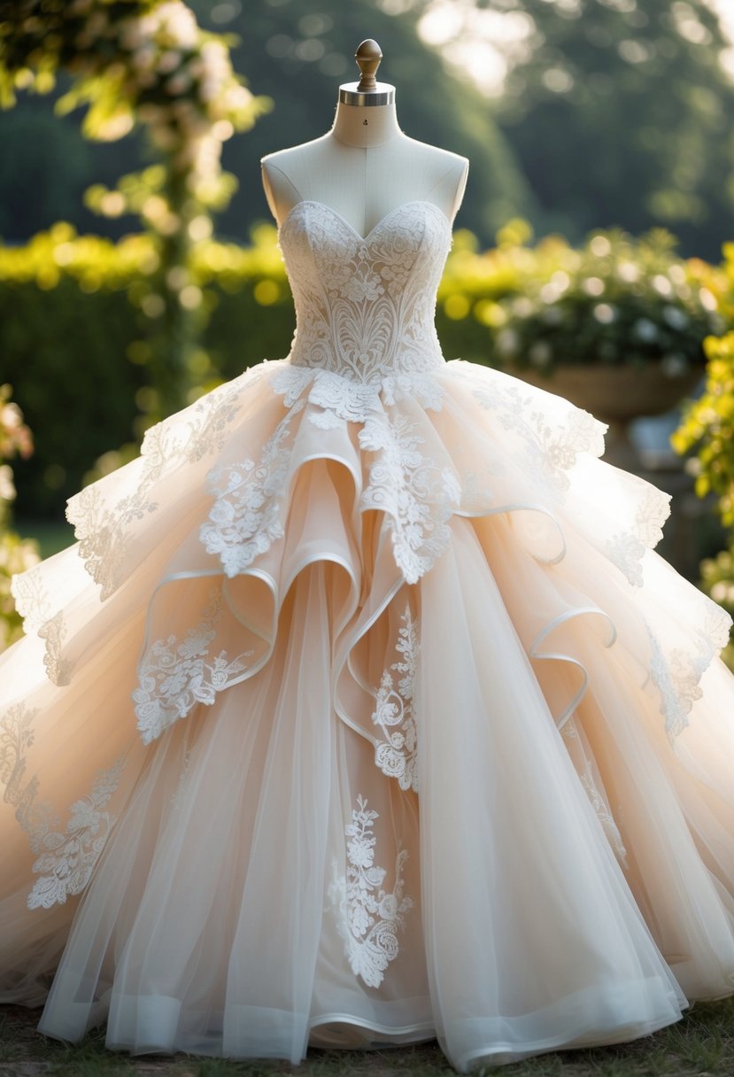 A strapless puffy gown with intricate lace details, cascading in layers of tulle, set against a romantic garden backdrop