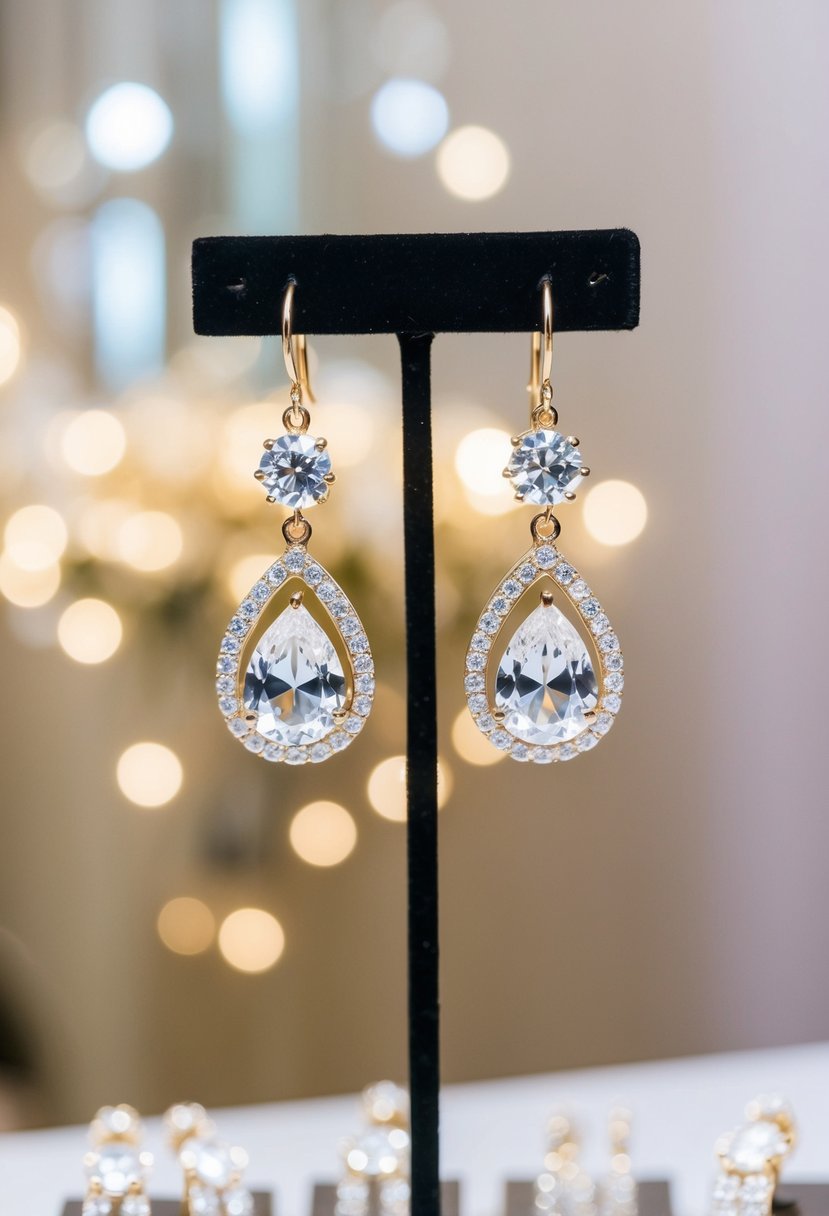 A pair of sparkling rhinestone drop earrings, catching the light in a softly lit bridal boutique display