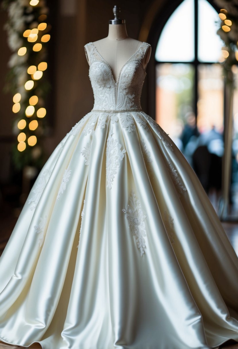 A satin puffy wedding dress with a glossy finish, adorned with intricate lace and delicate beading, flowing gracefully on a mannequin