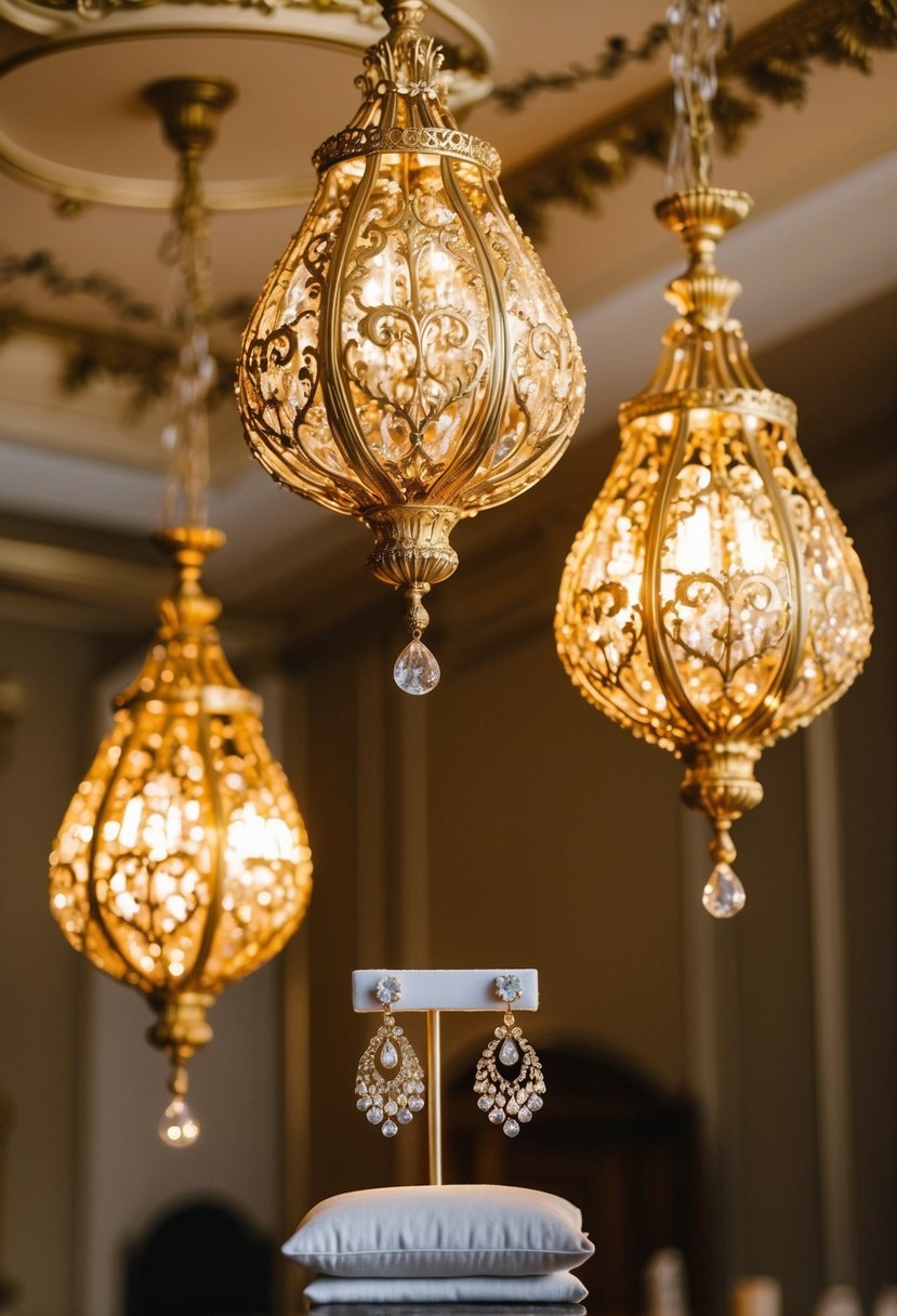 Majestic gold filigree chandeliers hanging from ornate ceiling, casting warm light on elegant wedding earrings displayed on a velvet cushion