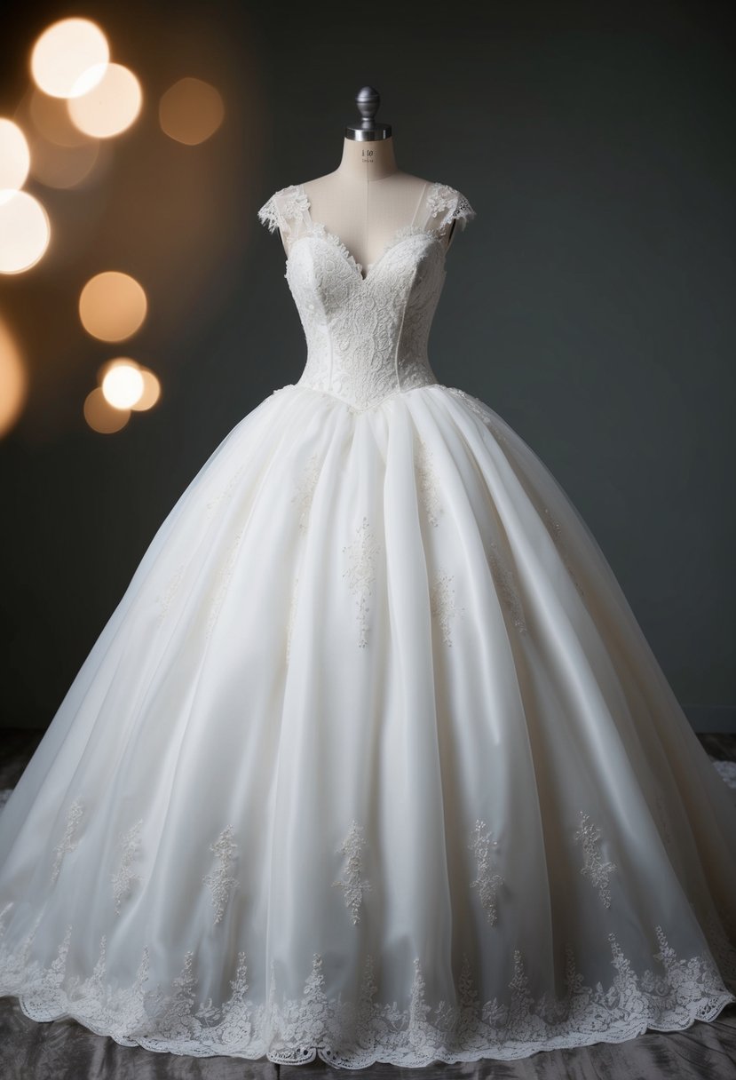 A puffy wedding dress with a voluminous skirt and a snug bodice, adorned with delicate lace and intricate embroidery