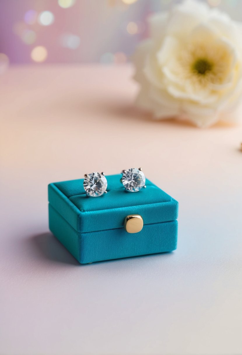 Sparkling cubic zirconia studs on a velvet jewelry box against a soft, pastel background