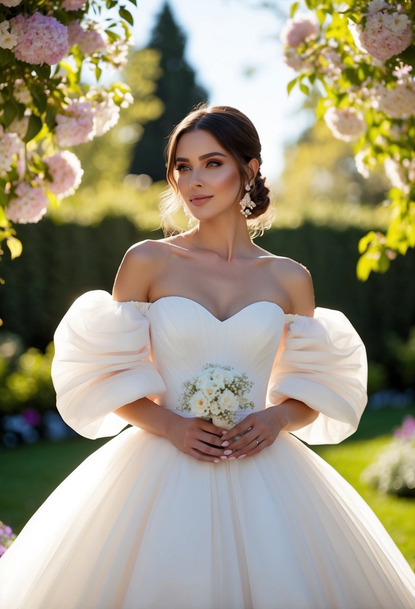 Off-the-shoulder puffy wedding dresses in a garden setting with blooming flowers and soft sunlight