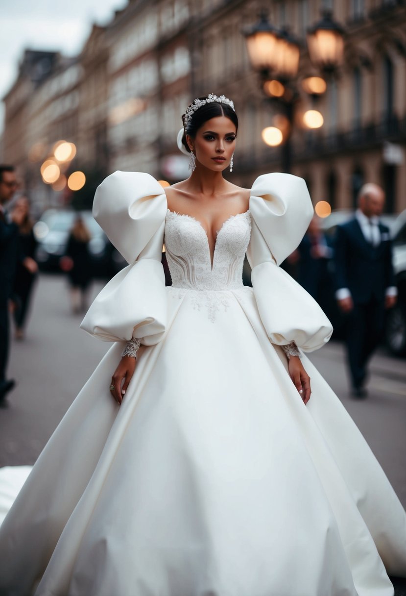 A voluminous wedding dress with dramatic puff sleeves, creating a chic and stylish silhouette