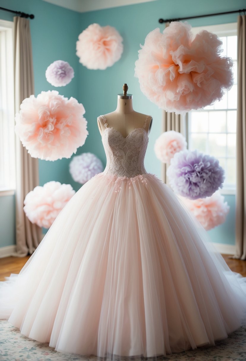 Pastel-colored puffs float around a voluminous wedding dress, adding a unique touch to the delicate fabric