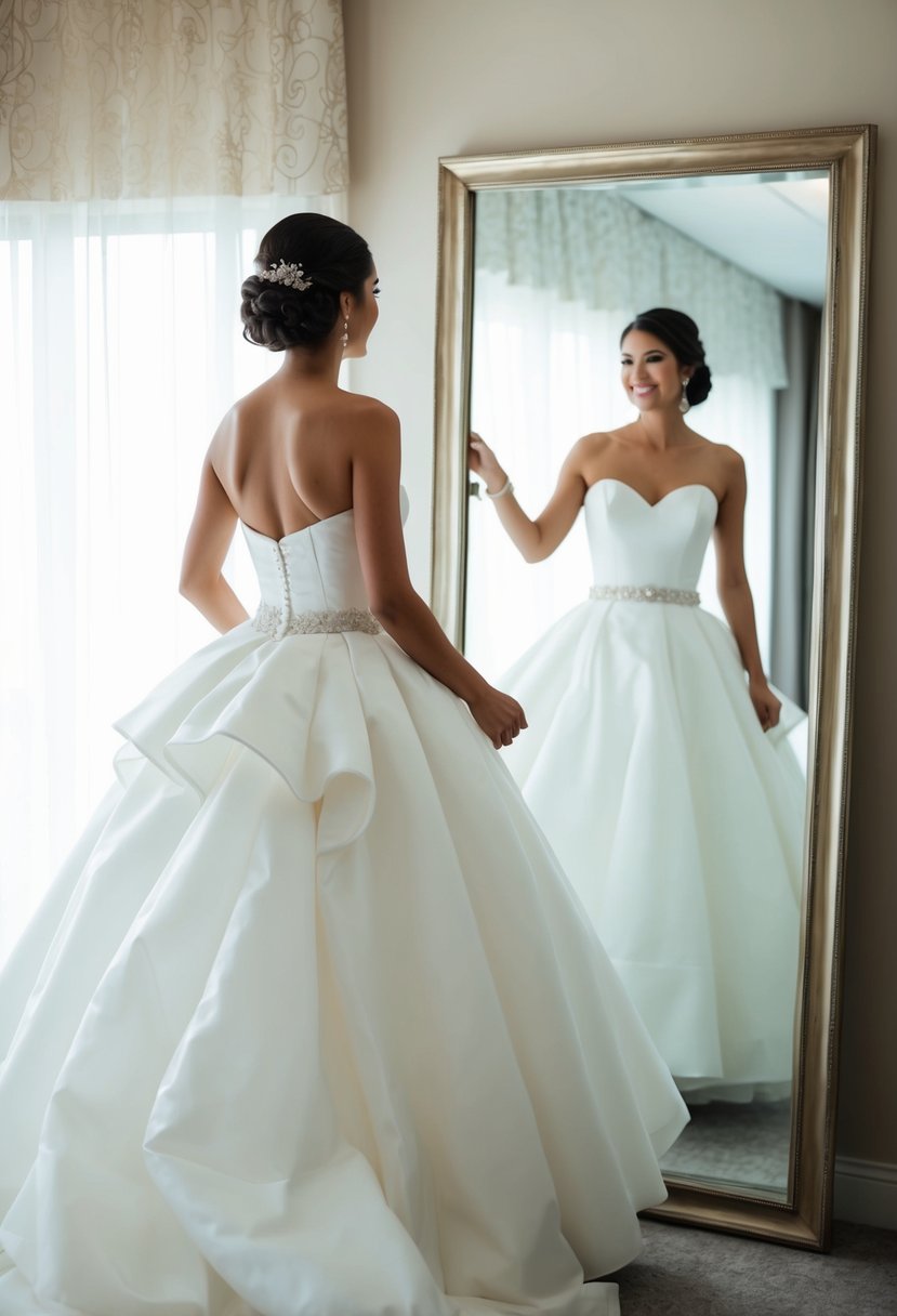 A bride wearing a puffy wedding dress with a detachable skirt, standing in front of a mirror, admiring the versatility of her gown