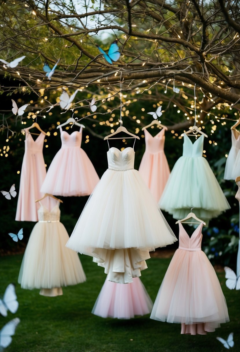 A garden filled with floating, pastel-colored wedding dresses hanging from tree branches, surrounded by fluttering butterflies and twinkling fairy lights