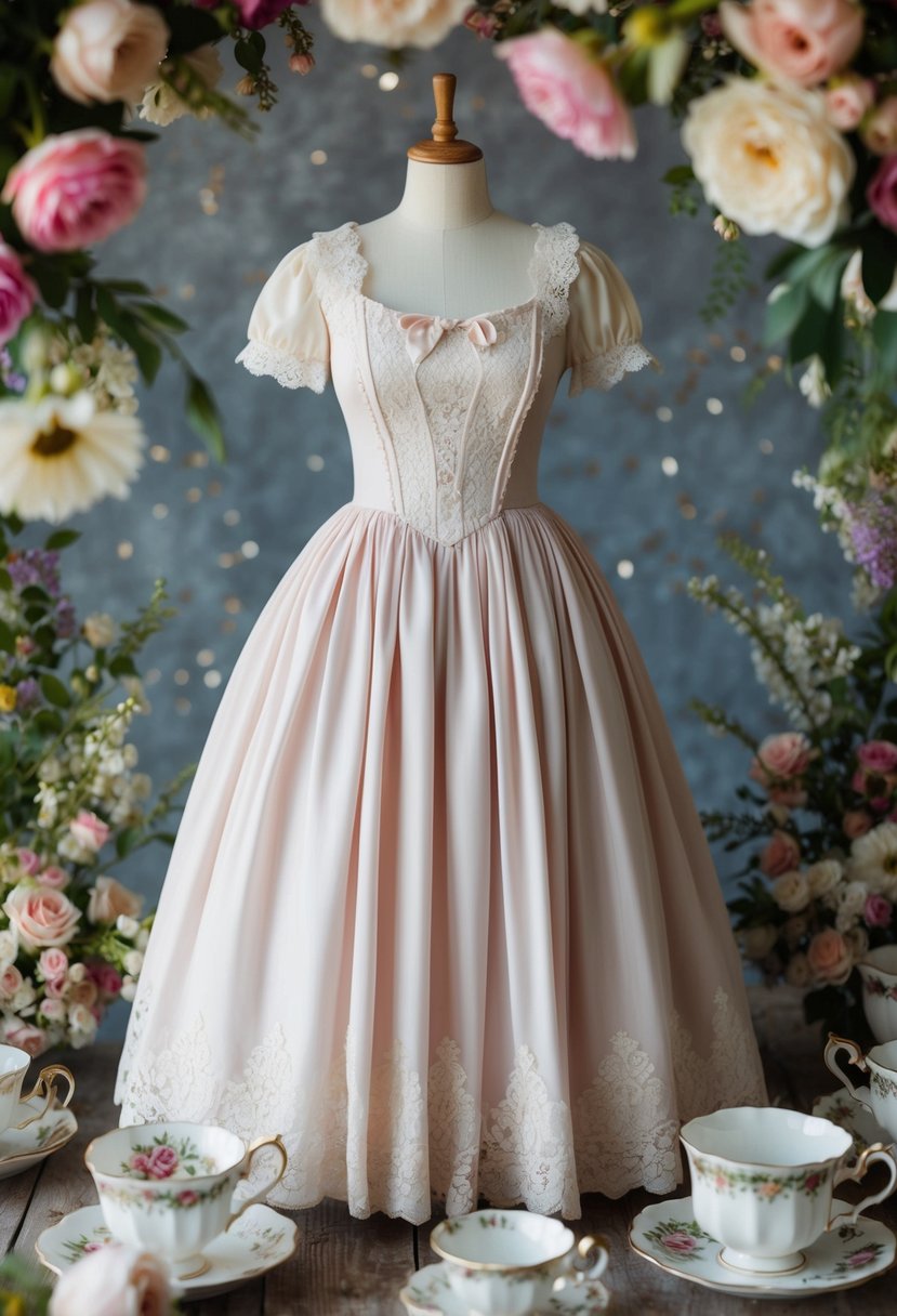 A tea-length puffy dress with lace details, surrounded by vintage teacups and floral arrangements