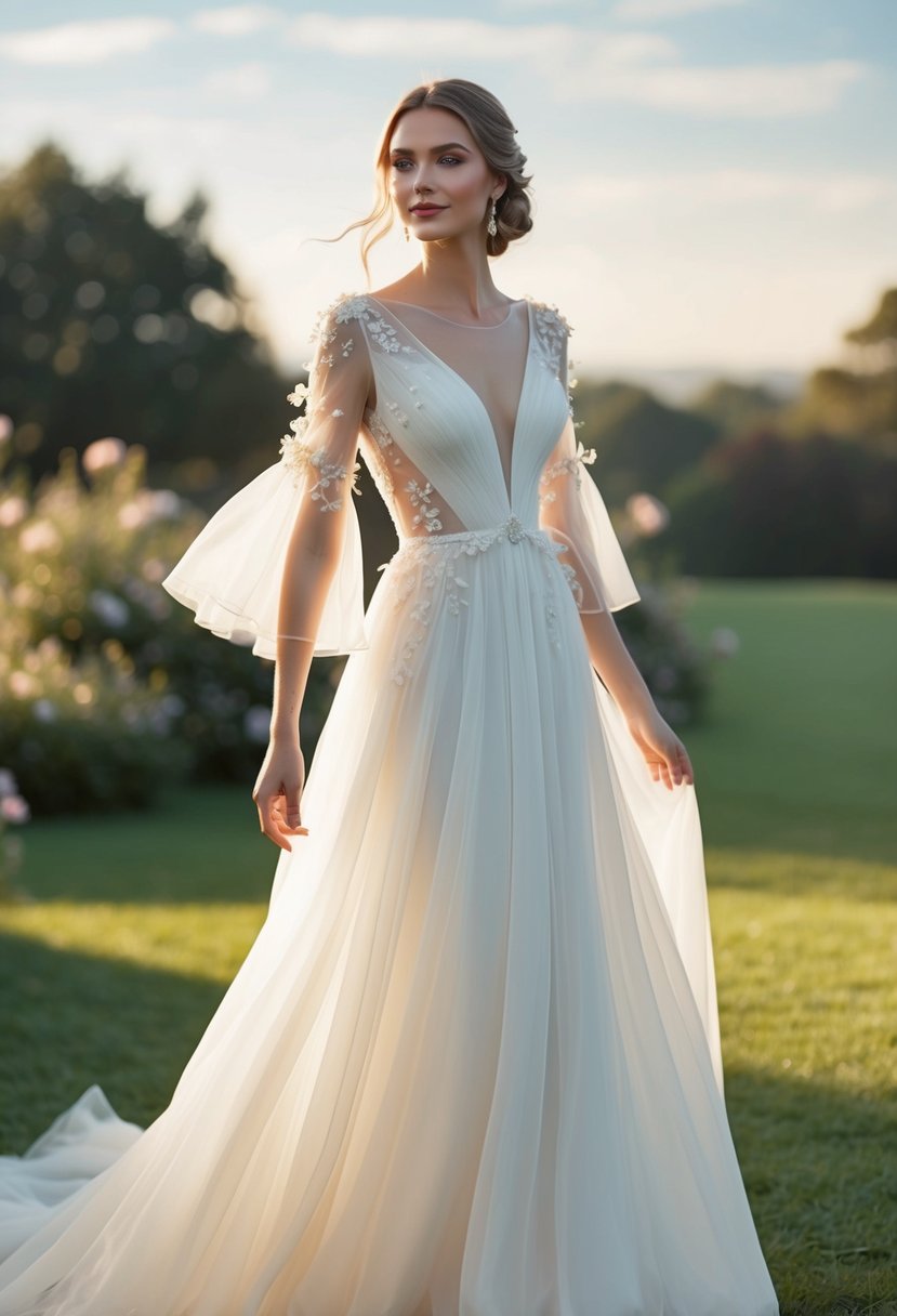 A flowing wedding dress with delicate flutter sleeves, adorned with whimsical floral details, set against a dreamy outdoor backdrop