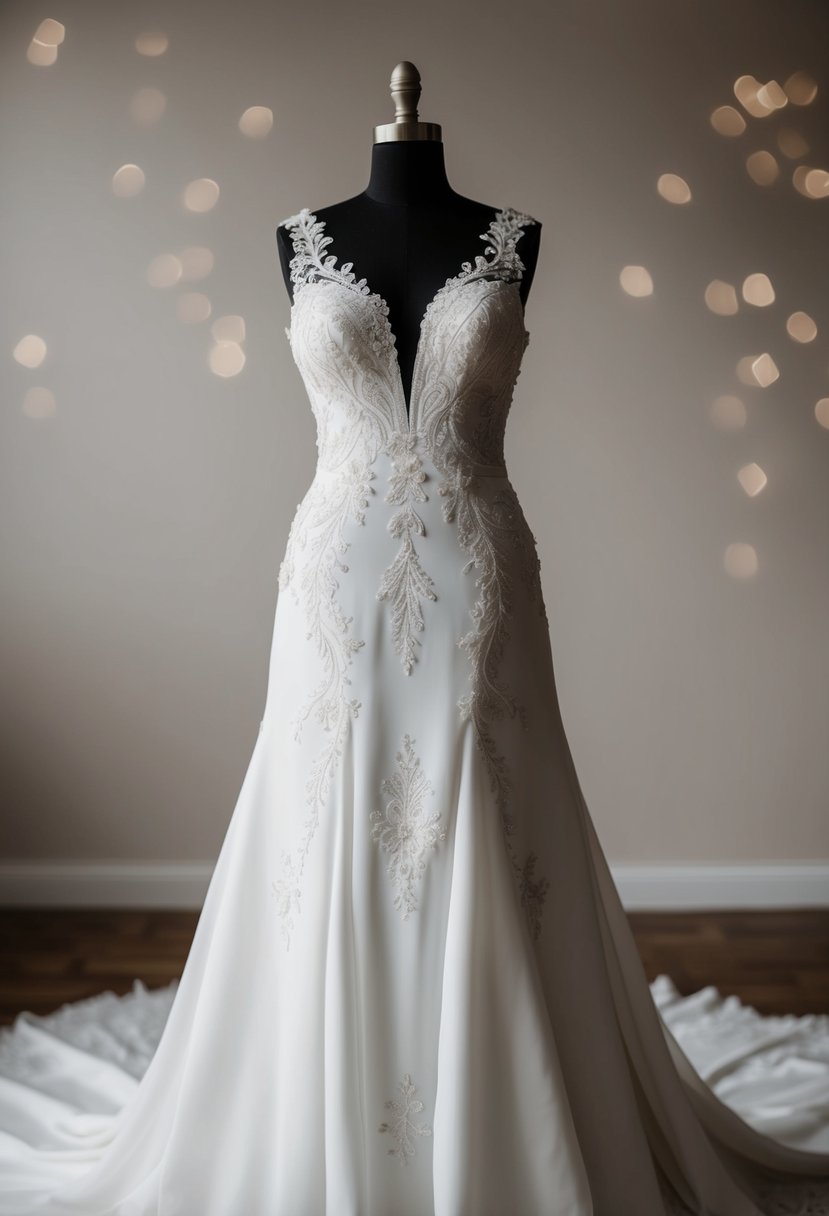 A flowing wedding dress adorned with intricate appliqué details