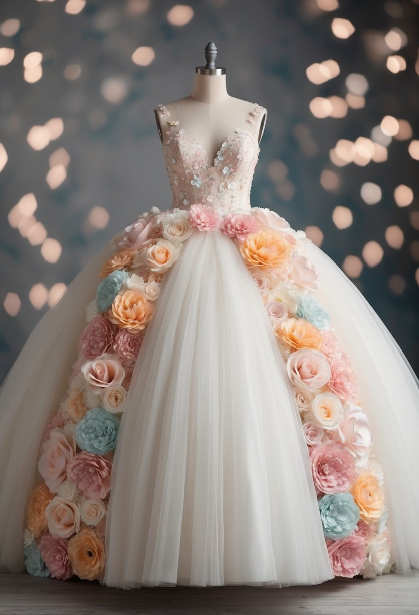 A voluminous wedding dress adorned with 3D flowers in pastel hues, creating a whimsical and ethereal effect