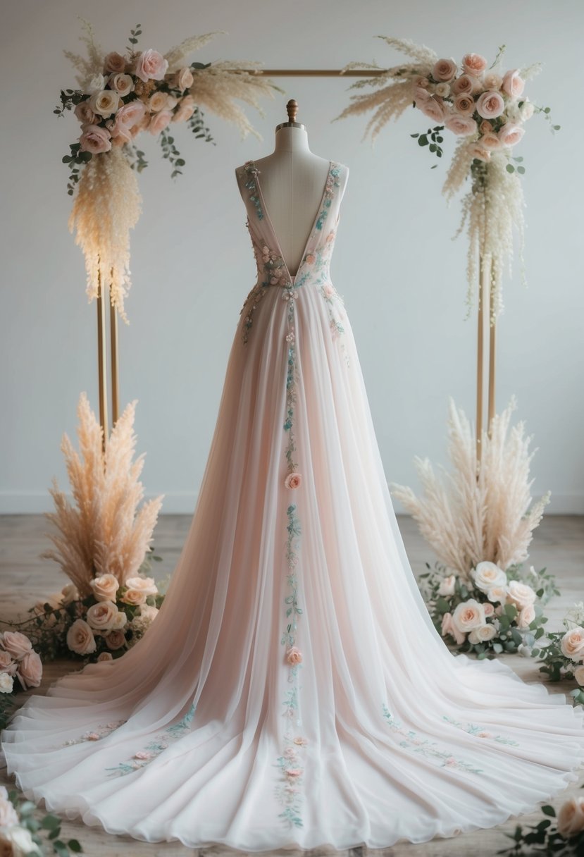 A flowing wedding dress adorned with pastel colored accents, surrounded by delicate floral arrangements and soft, dreamy lighting