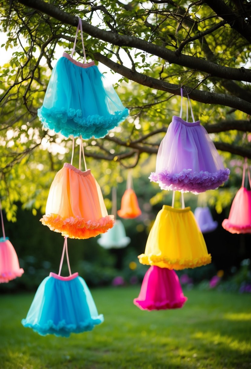 A garden filled with colorful, flowy fairy tale skirts hanging from tree branches, swaying in the breeze