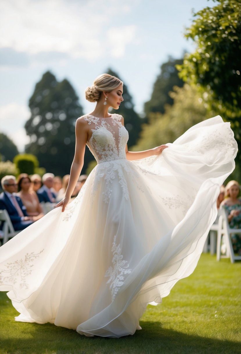 A flowing, ethereal wedding dress made of airy organza fabric, adorned with delicate lace and intricate embroidery, billowing in the soft breeze of a garden ceremony