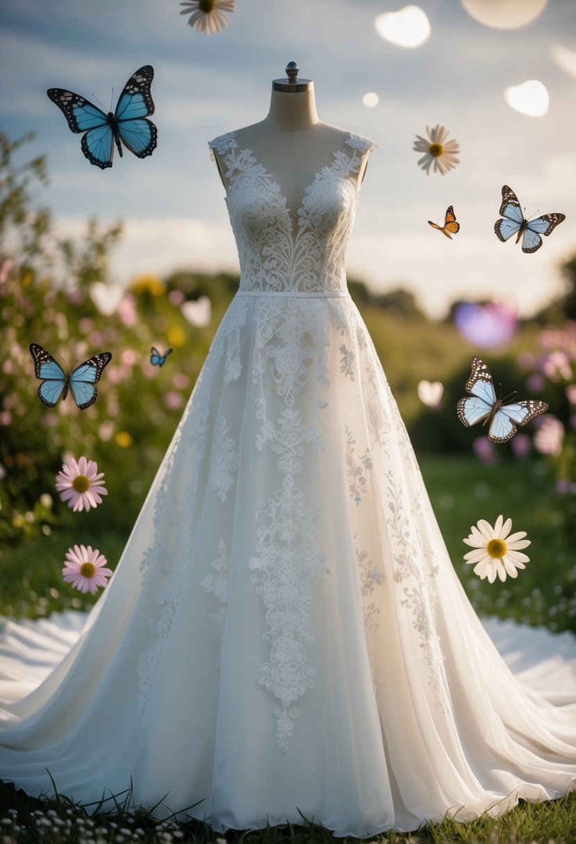 A flowing wedding dress adorned with intricate lace patterns, surrounded by whimsical elements such as butterflies and flowers