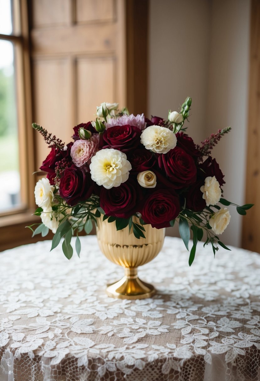 A maroon wedding bouquet with roses, dahlias, and ranunculus arranged in a gold-trimmed vase on a lace-covered table