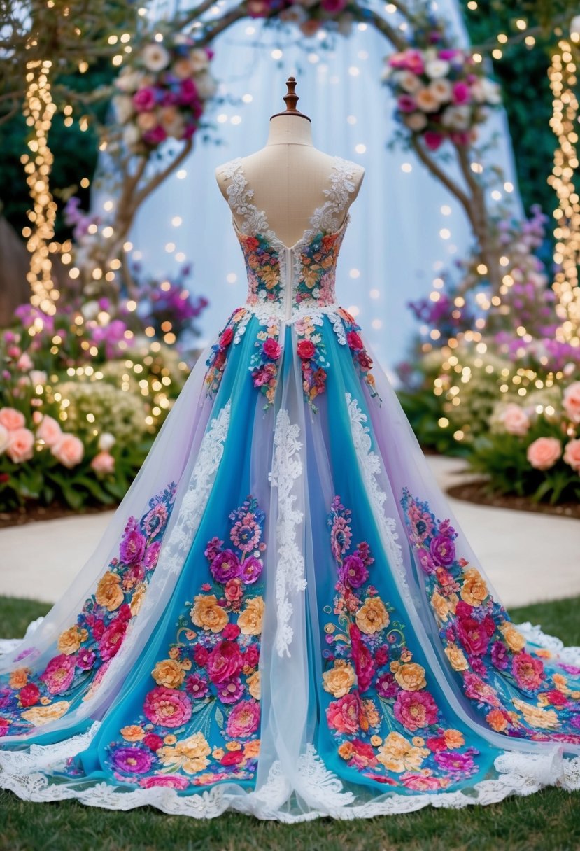 A colorful, flowing wedding dress adorned with intricate floral patterns and delicate lace details, set against a backdrop of a whimsical garden filled with enchanting blooms and sparkling fairy lights