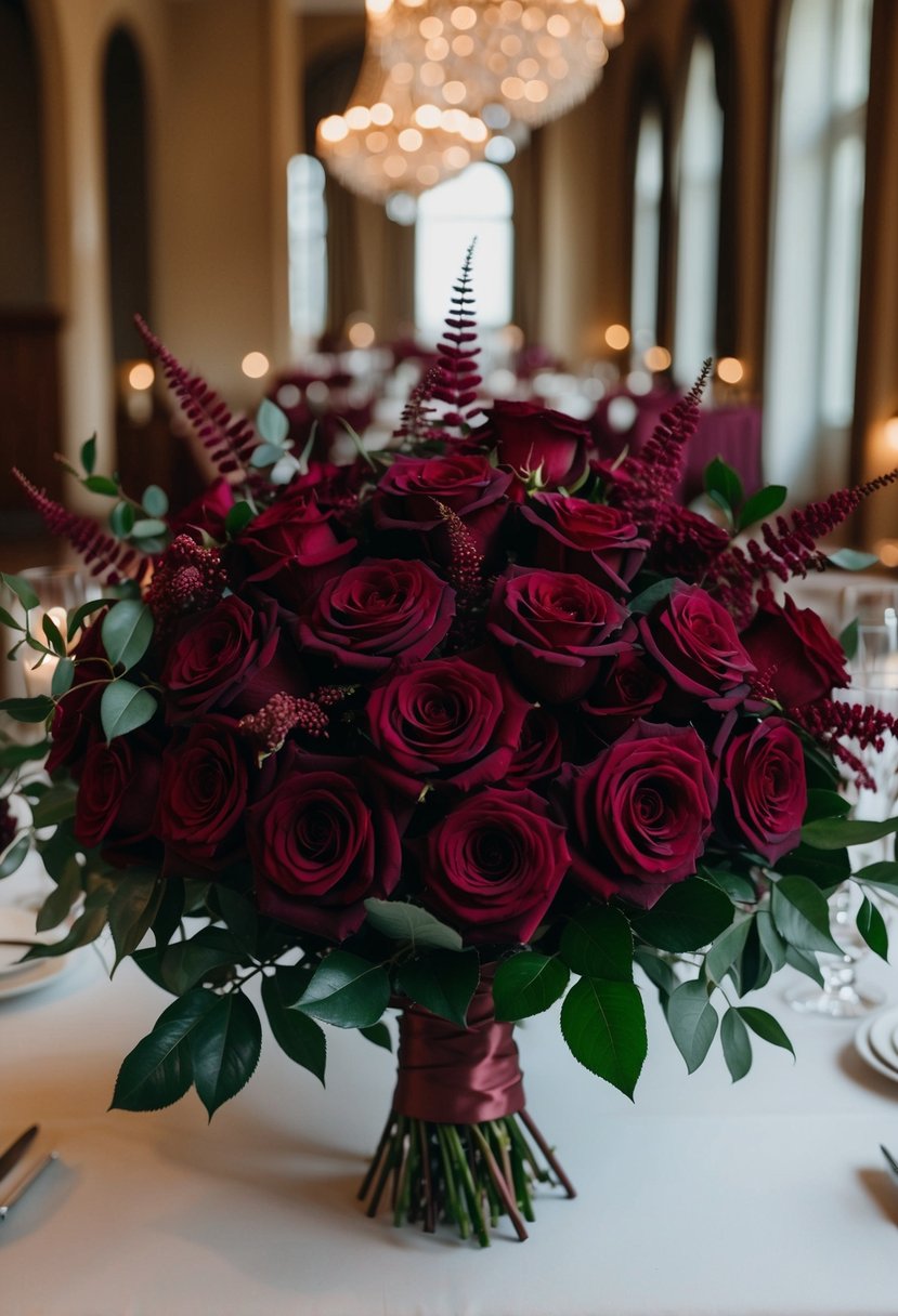 A lush bouquet of rich burgundy roses and maroon foliage, arranged in an elegant and romantic wedding setting