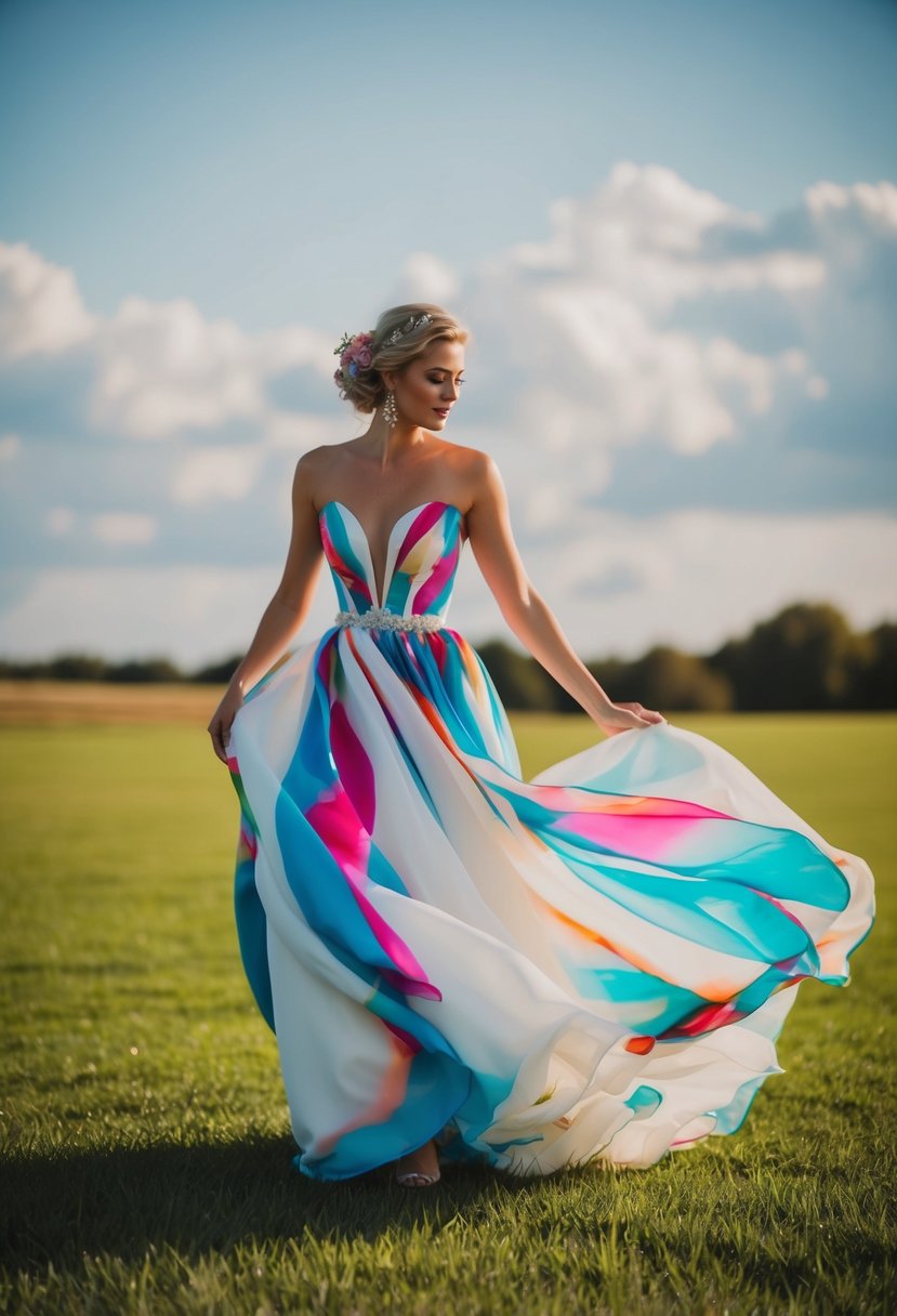 A flowing, whimsical wedding dress with vibrant printed fabric billows in the breeze