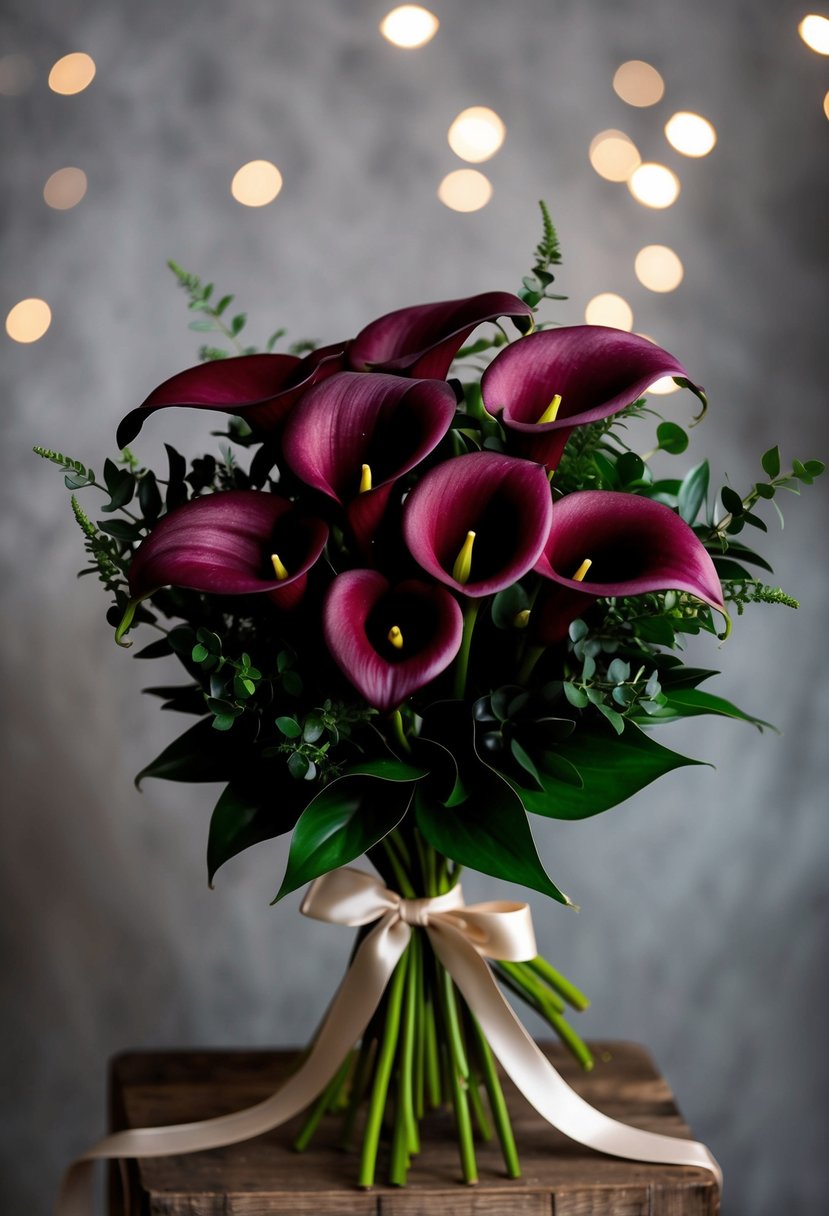 A lush bouquet of maroon Calla Lilies, accented with dark green foliage and tied with a satin ribbon