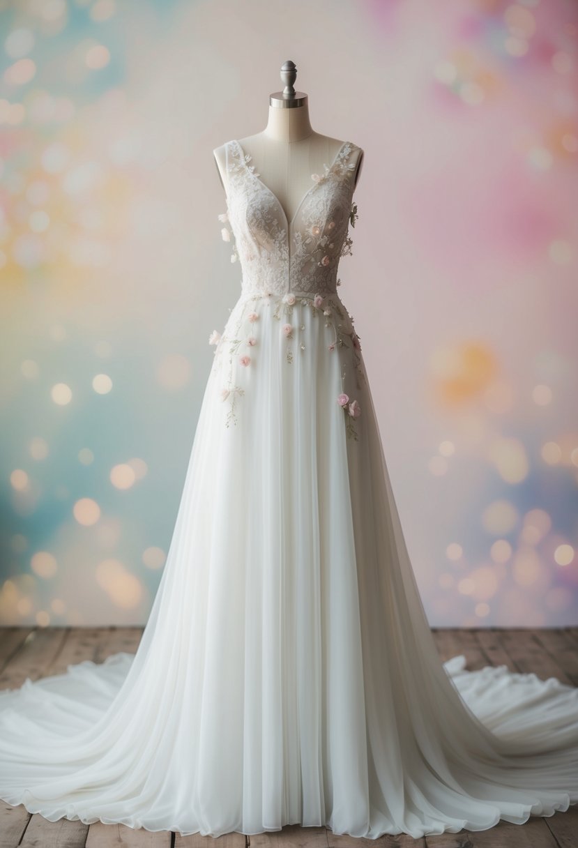 A flowing wedding dress adorned with delicate floral embellishments, set against a dreamy, whimsical background of soft pastel hues