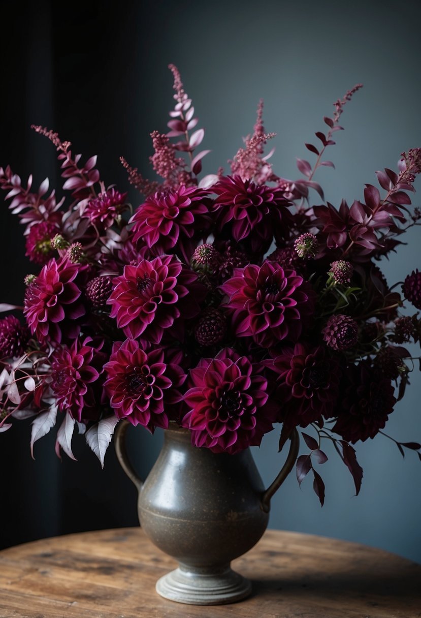 A lush bouquet of deep wine dahlias and maroon foliage arranged in a rustic vase