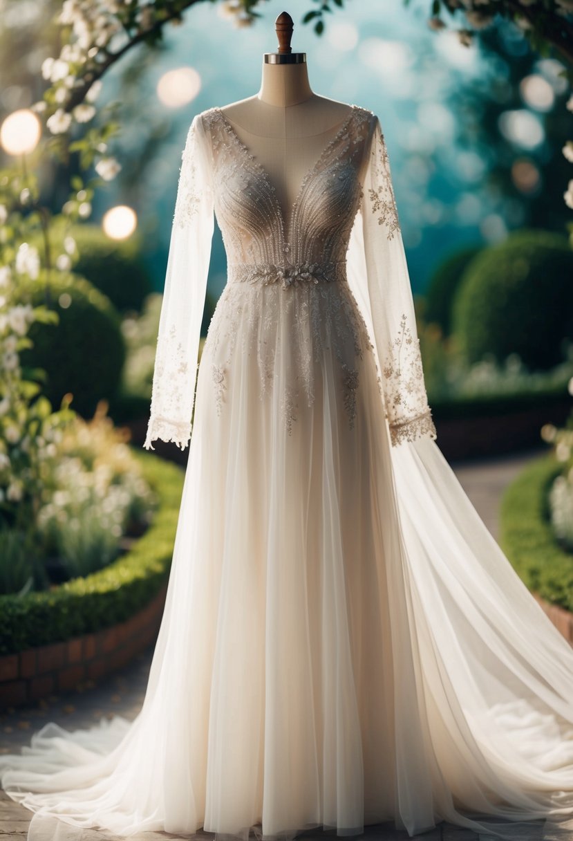 A flowing, ethereal wedding dress adorned with sheer, delicate lace and intricate beading, set against a dreamy, enchanted garden backdrop