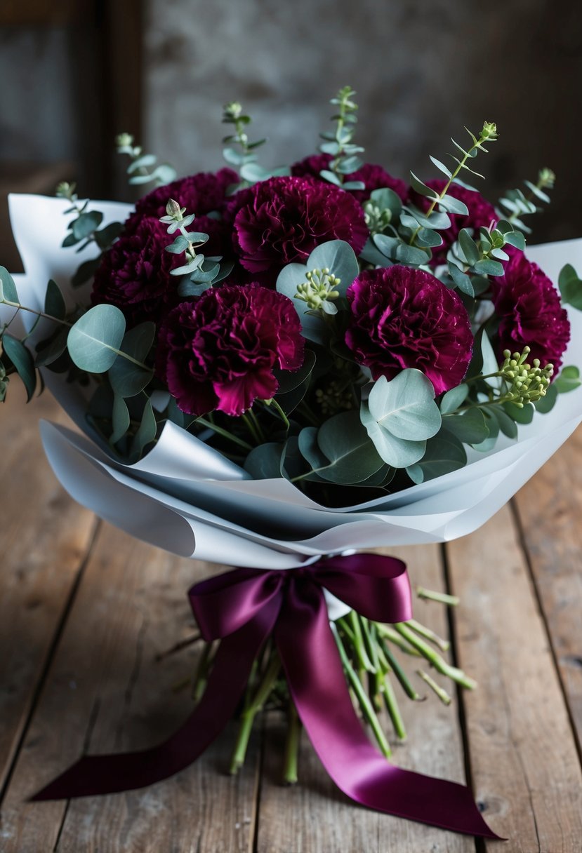 A lush bouquet of burgundy carnations and eucalyptus, tied with a satin ribbon, sitting on a rustic wooden table