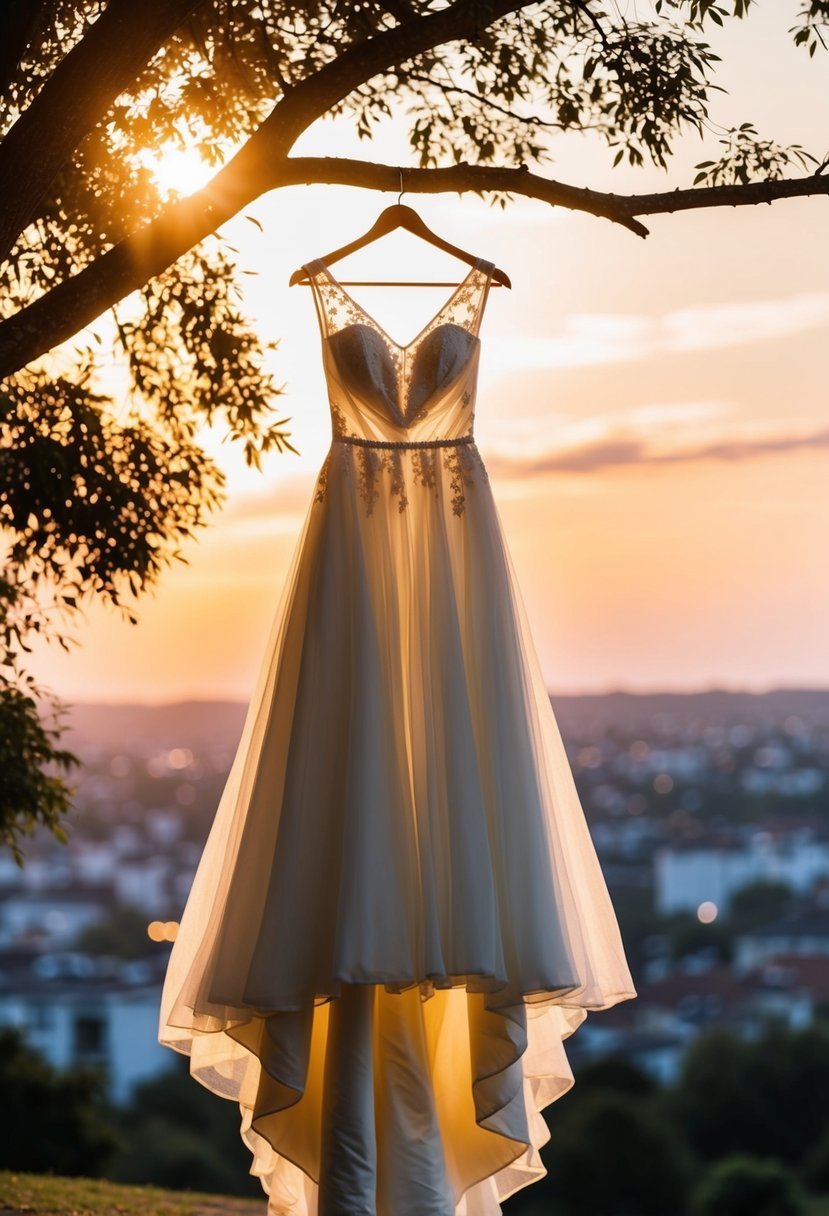 A flowing, ethereal wedding dress hangs from a tree branch, illuminated by the setting sun, creating a romantic silhouette