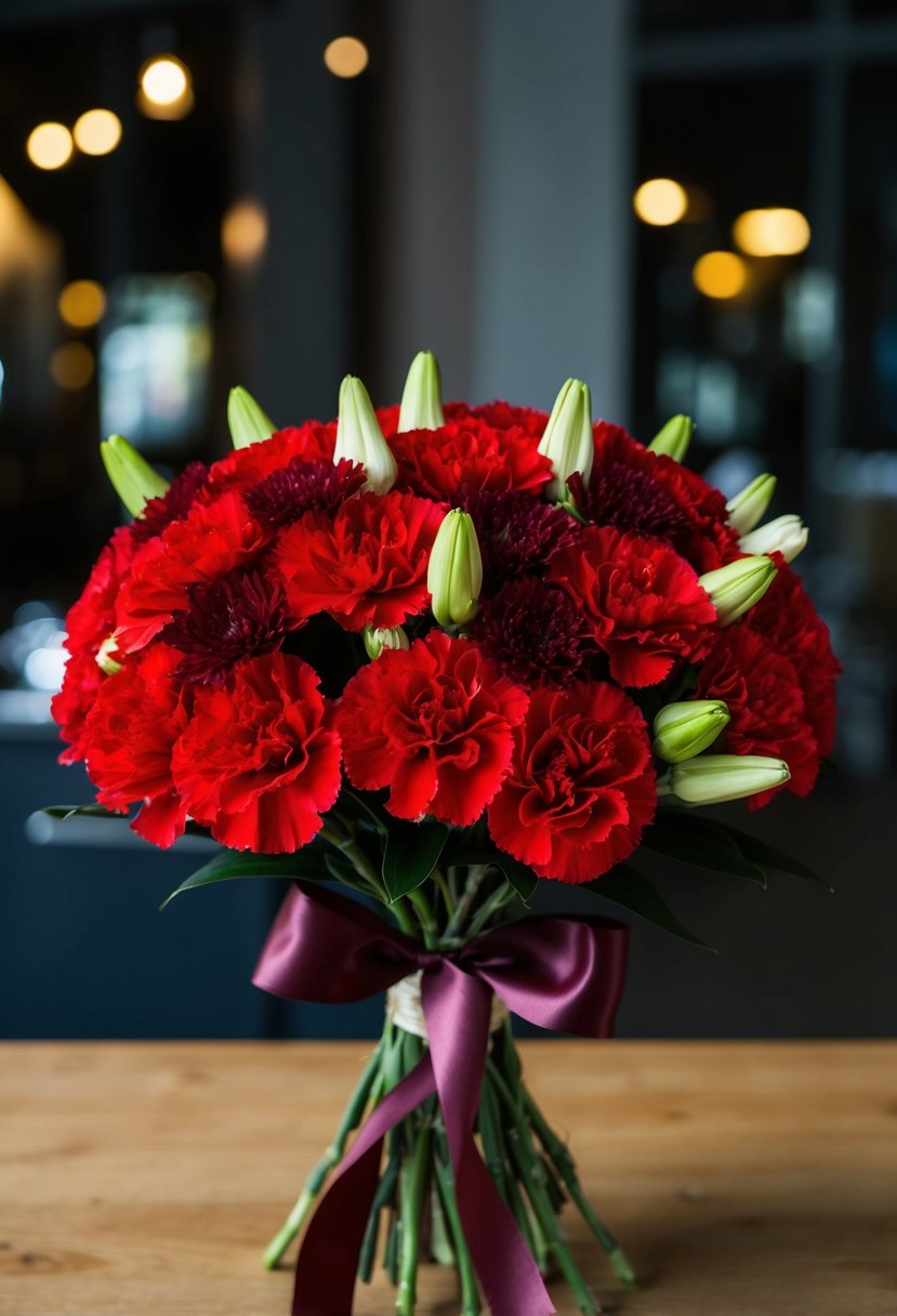 A lush bouquet of scarlet carnations and maroon alstroemeria, tied with a satin ribbon