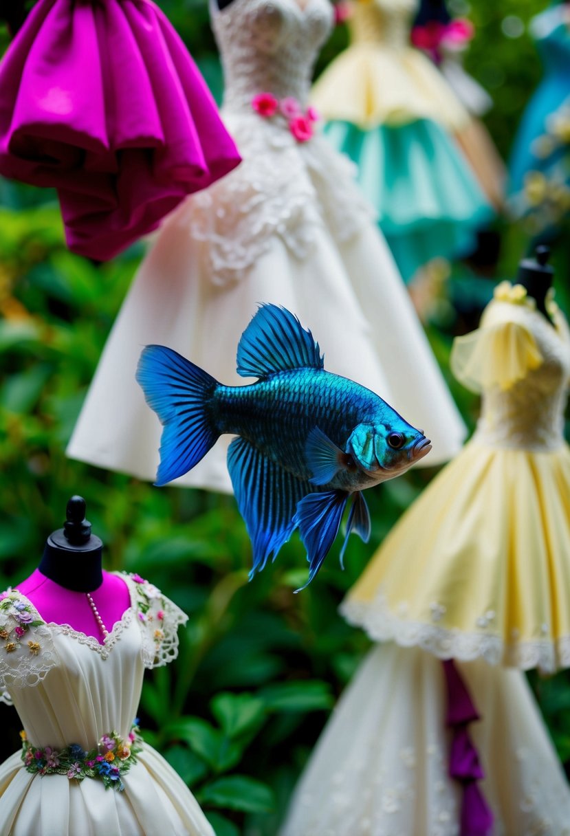 A Betta fish swims through a garden of whimsical wedding dress hemlines, each one adorned with playful details and vibrant colors