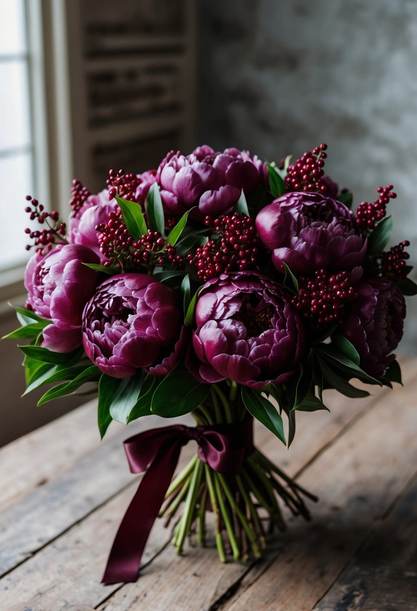 A lush bouquet of Bordeaux peonies and Hypericum berries, tied with maroon ribbon, sits on a rustic wooden table