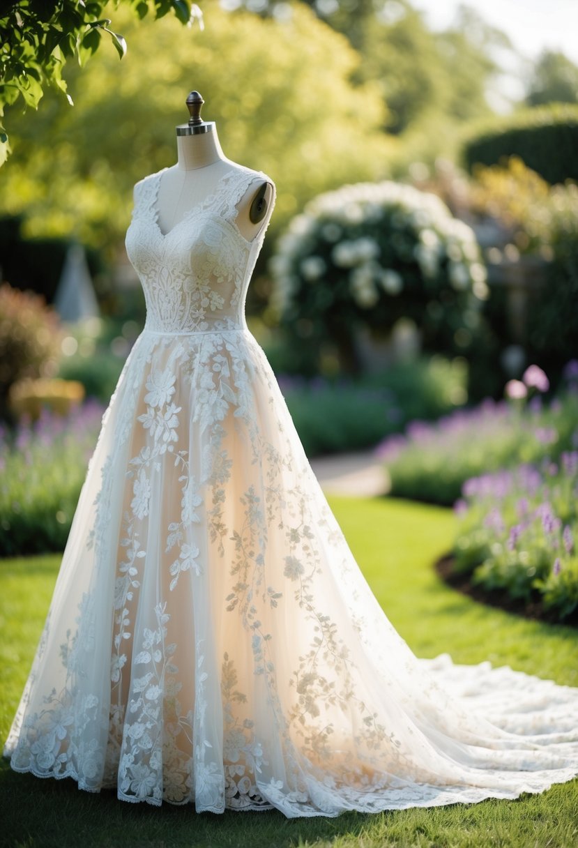 A vintage-inspired lace wedding dress adorned with delicate floral patterns, flowing gracefully in a whimsical garden setting