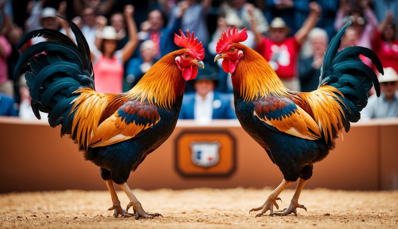 Dua ayam jantan berhadapan di arena digital, dikelilingi oleh penonton yang bersorak