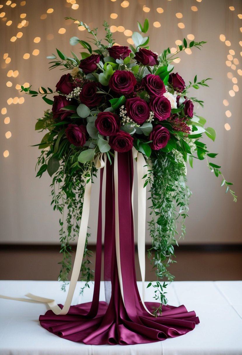 A cascading bouquet of maroon silk flowers, with greenery and ribbons, arranged in an elegant, romantic style