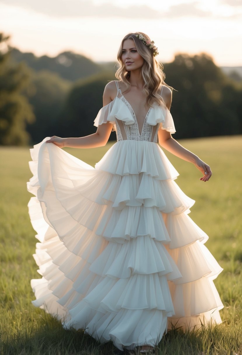 A flowing, layered wedding dress with ruffled details and a bohemian, whimsical feel