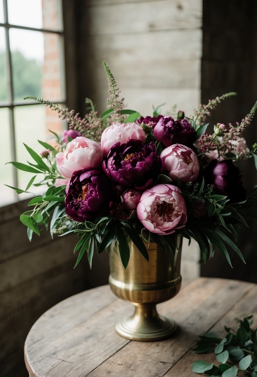 A lush bouquet of burgundy and blush peonies, accented with greenery, sits in a vintage brass vase on a rustic wooden table