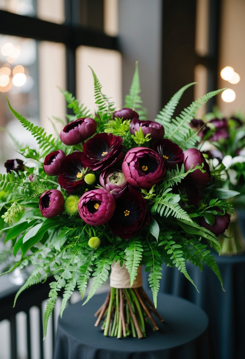 A lush bouquet of maroon ranunculus and ferns, arranged in an elegant and romantic style