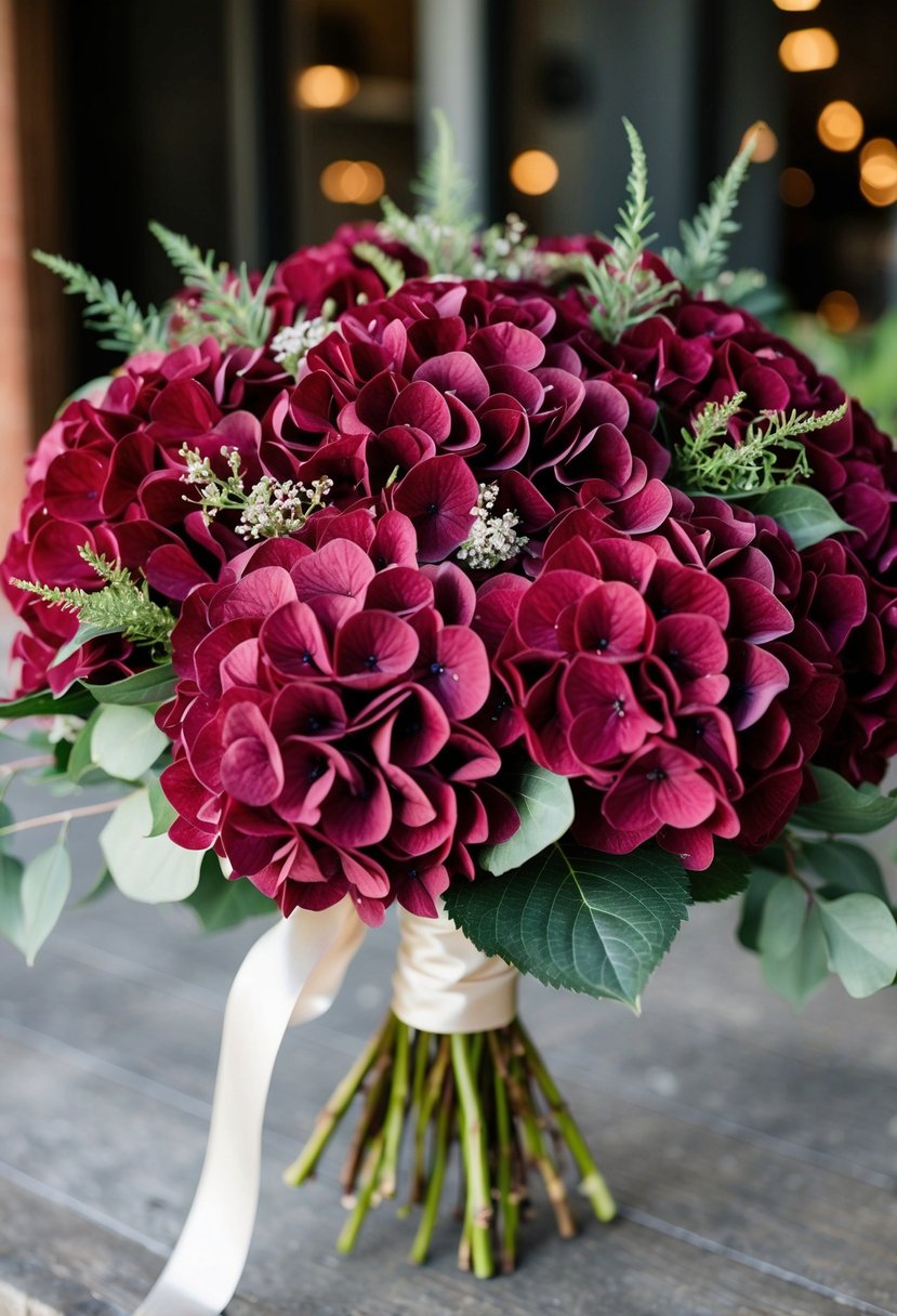 A lush bouquet of deep red velvet hydrangeas, accented with delicate greenery and tied with a satin ribbon