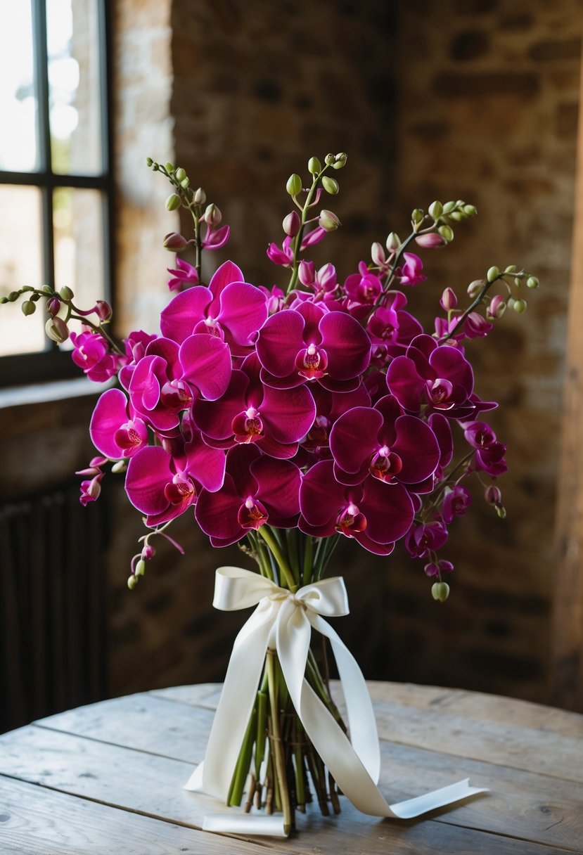 A lush bouquet of crimson orchids and amaranthus, tied with a satin ribbon, sits on a rustic wooden table