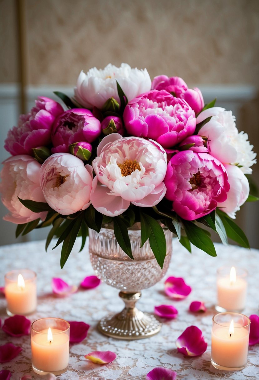 A lush bouquet of pink and white peonies arranged in a crystal vase on a lace tablecloth, surrounded by flickering candles and scattered rose petals