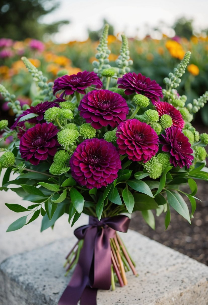 A lush bouquet of wine-colored zinnias and greenery, tied with a silk ribbon