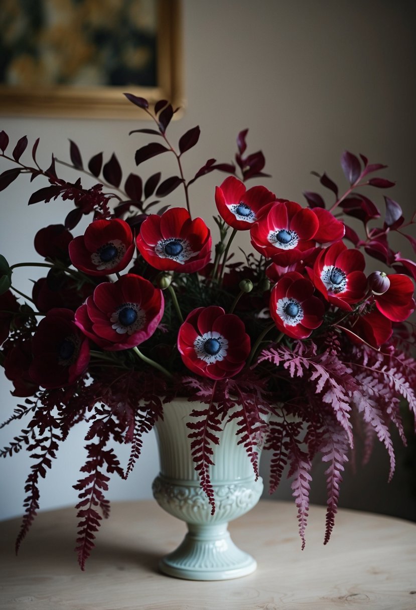 A lush bouquet of cherry red anemones and maroon foliage cascading from a delicate vase