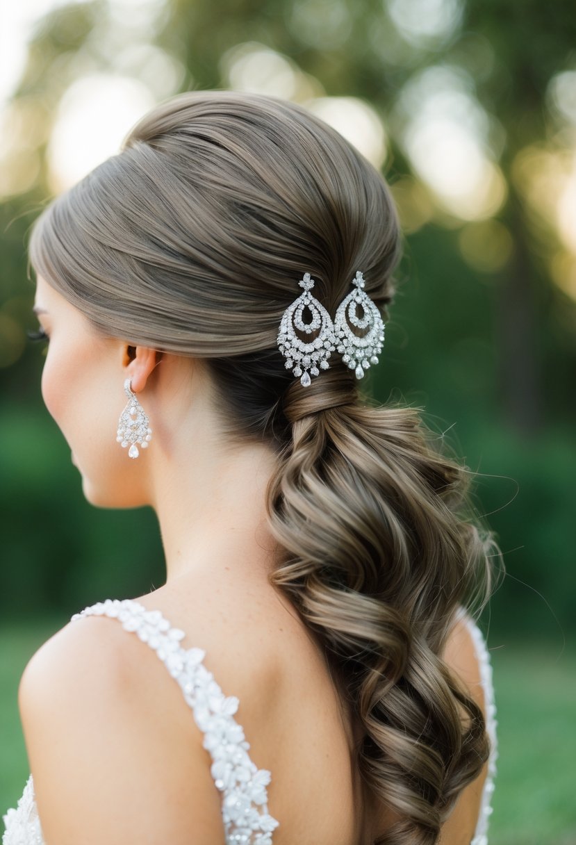 A bride's elegant ponytail adorned with sparkling wedding earrings