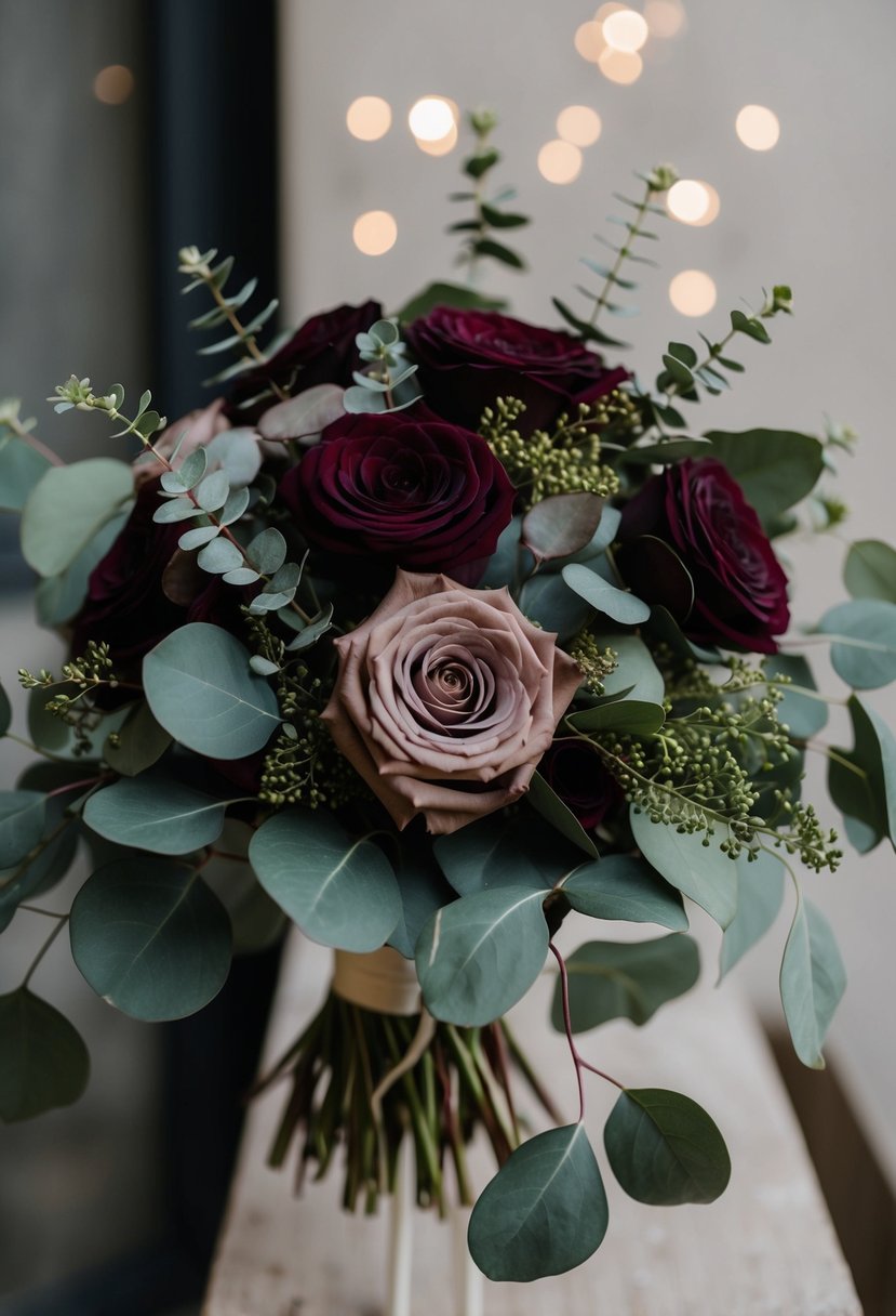 A maroon and dusty rose rose bouquet with eucalyptus and trailing greenery